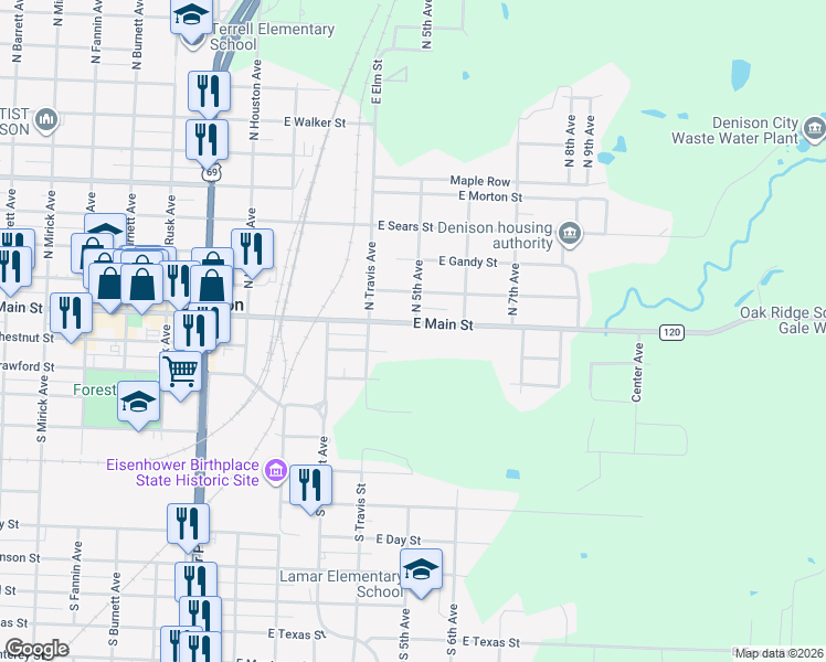 map of restaurants, bars, coffee shops, grocery stores, and more near 416 East Main Street in Denison