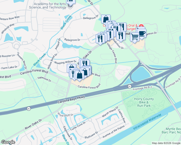 map of restaurants, bars, coffee shops, grocery stores, and more near Village Center Boulevard in Myrtle Beach