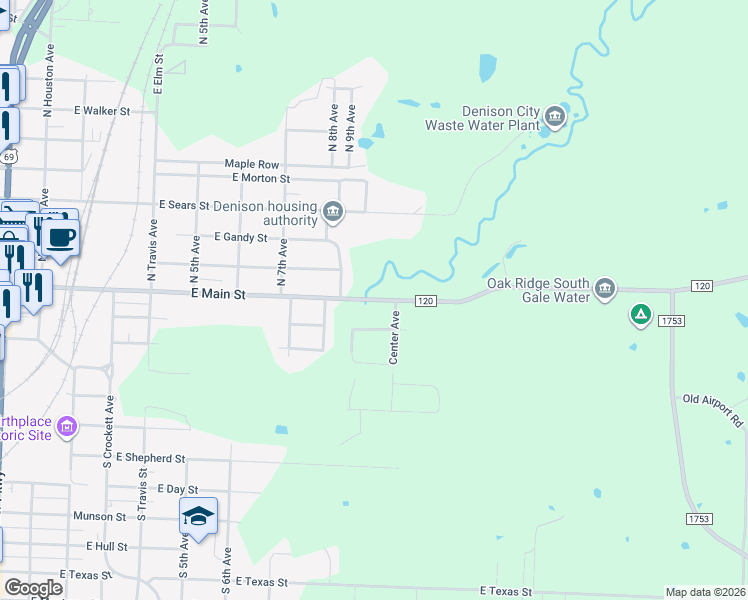 map of restaurants, bars, coffee shops, grocery stores, and more near 1623 East Main Street in Denison