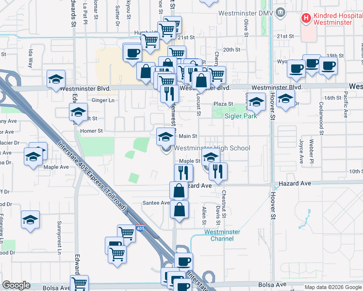 map of restaurants, bars, coffee shops, grocery stores, and more near 7032 Main Street in Westminster