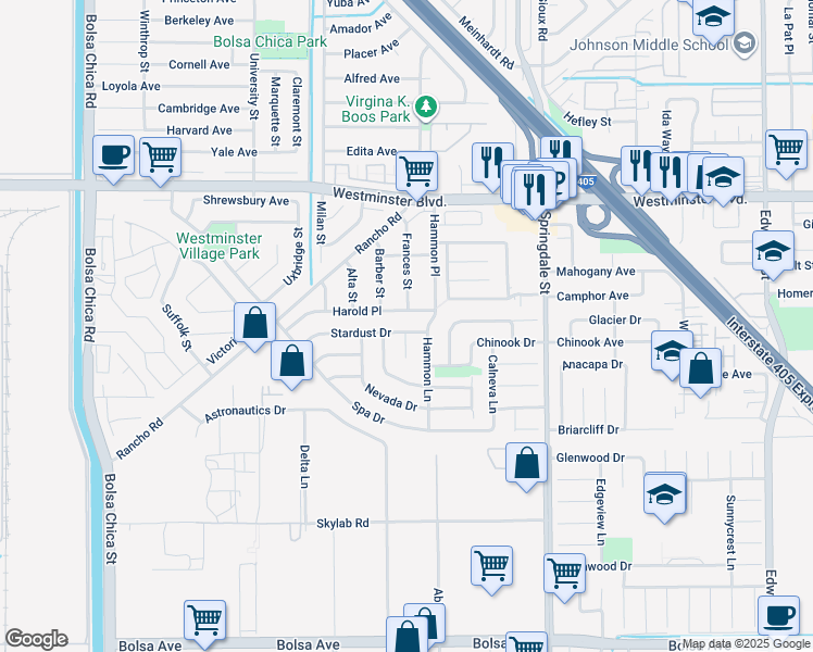 map of restaurants, bars, coffee shops, grocery stores, and more near 5681 Stardust Drive in Huntington Beach
