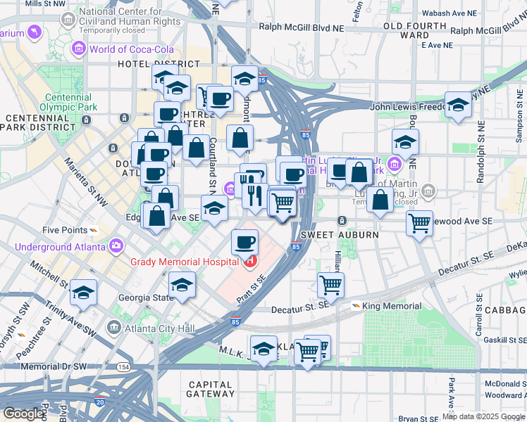 map of restaurants, bars, coffee shops, grocery stores, and more near 200 Edgewood Avenue Northeast in Atlanta