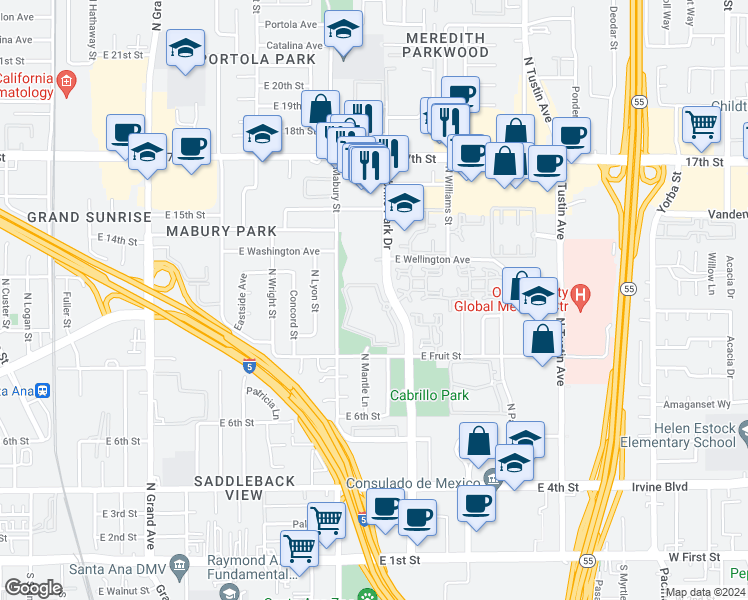 map of restaurants, bars, coffee shops, grocery stores, and more near 1094 Cabrillo Park Drive in Santa Ana