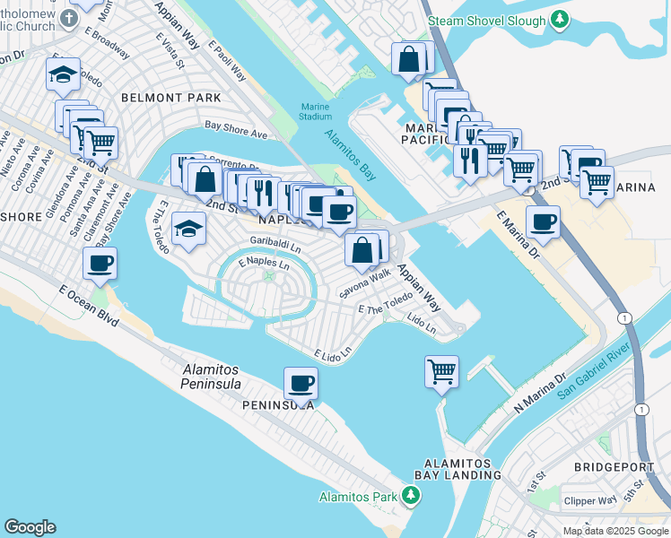 map of restaurants, bars, coffee shops, grocery stores, and more near 140 Cordova Walk in Long Beach