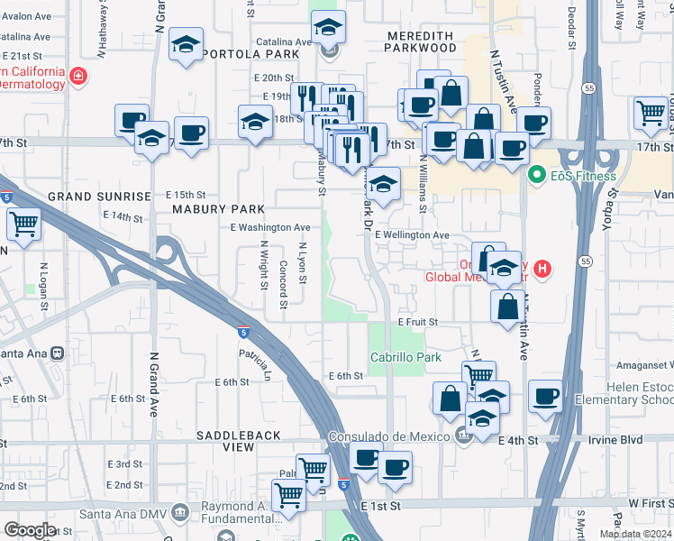 map of restaurants, bars, coffee shops, grocery stores, and more near Cabrillo Park Drive in Santa Ana