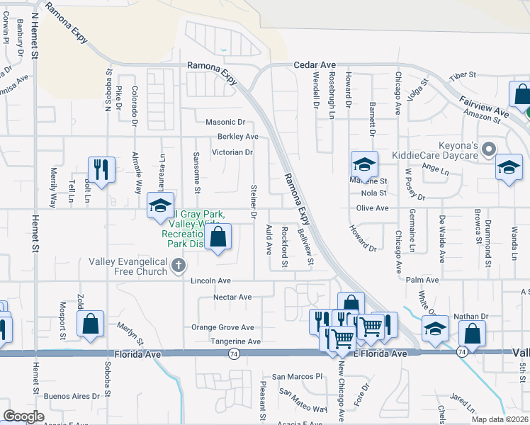 map of restaurants, bars, coffee shops, grocery stores, and more near 25265 Auld Avenue in Hemet