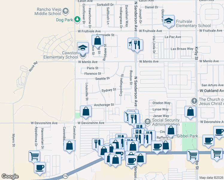map of restaurants, bars, coffee shops, grocery stores, and more near 3671 Sydney Street in Hemet