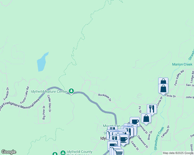 map of restaurants, bars, coffee shops, grocery stores, and more near North Ridge Drive in Idyllwild-Pine Cove
