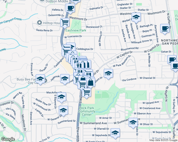 map of restaurants, bars, coffee shops, grocery stores, and more near 1360 West Capitol Drive in Los Angeles