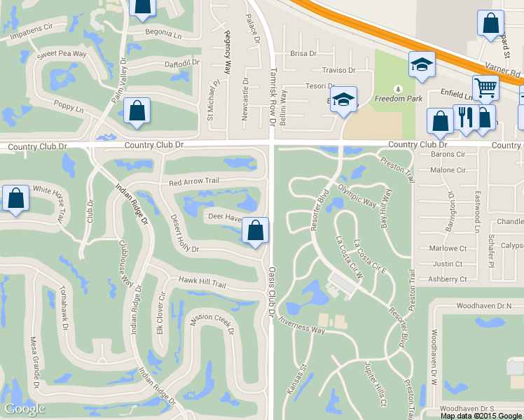 map of restaurants, bars, coffee shops, grocery stores, and more near 241 Arrowhead Drive in Palm Desert