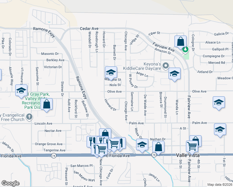 map of restaurants, bars, coffee shops, grocery stores, and more near 43419 Olive Avenue in Hemet