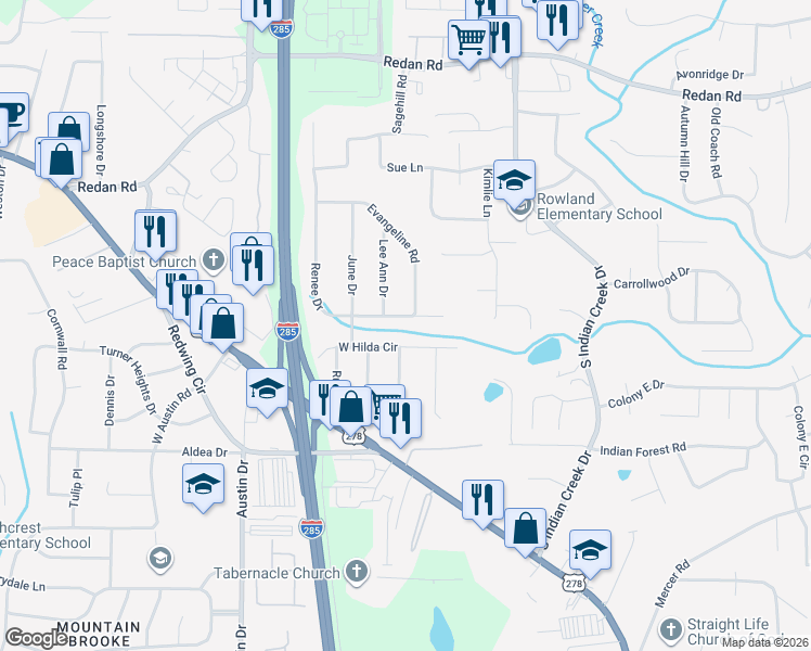 map of restaurants, bars, coffee shops, grocery stores, and more near 3950 West Hilda Circle in Decatur