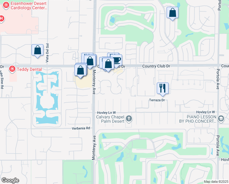 map of restaurants, bars, coffee shops, grocery stores, and more near 40213 Sagewood Drive in Palm Desert