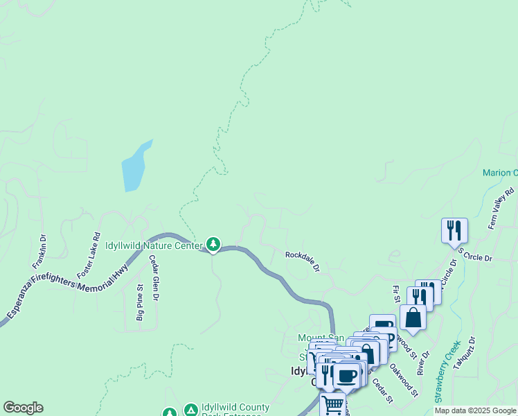 map of restaurants, bars, coffee shops, grocery stores, and more near 54091 North Ridge Drive in Idyllwild-Pine Cove