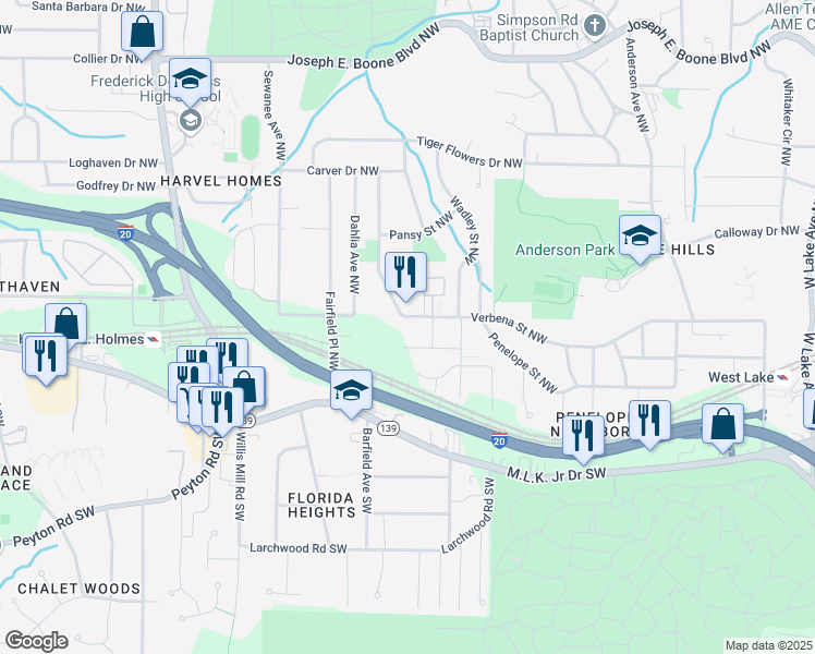 map of restaurants, bars, coffee shops, grocery stores, and more near 2207 Vesta Avenue Northwest in Atlanta