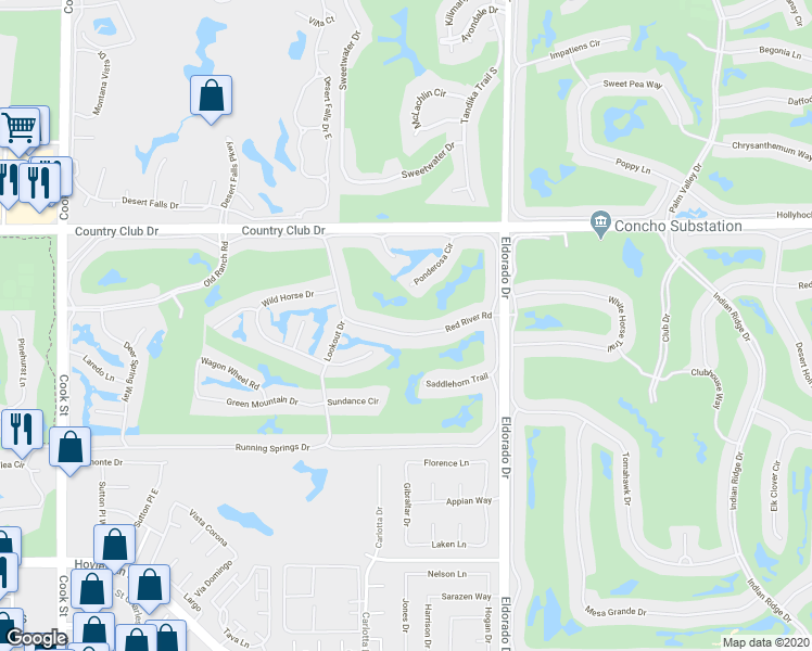map of restaurants, bars, coffee shops, grocery stores, and more near 352 Red River Road in Palm Desert