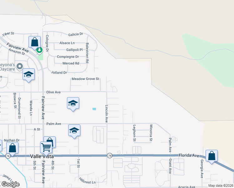 map of restaurants, bars, coffee shops, grocery stores, and more near 44605 Olive Avenue in Hemet