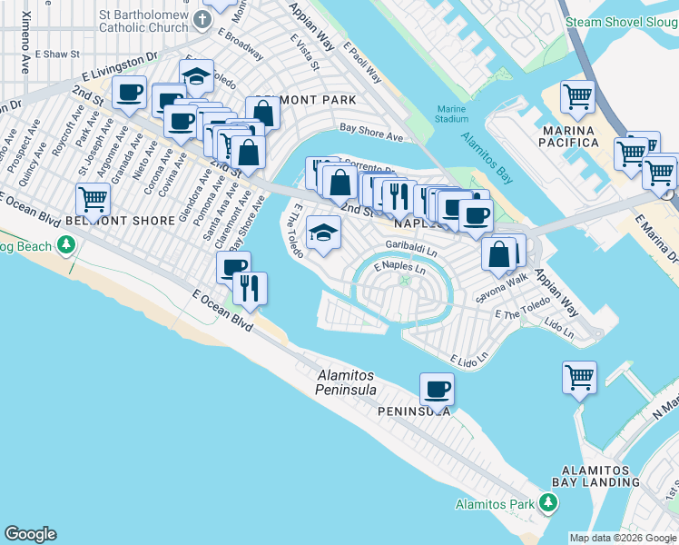 map of restaurants, bars, coffee shops, grocery stores, and more near 111 Geneva Walk in Long Beach