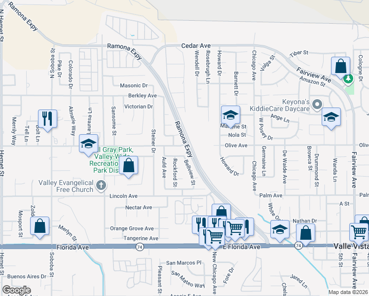 map of restaurants, bars, coffee shops, grocery stores, and more near 43155 Charlton Avenue in Hemet