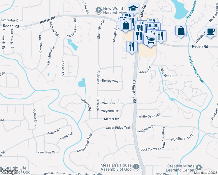 map of restaurants, bars, coffee shops, grocery stores, and more near 4802 Bexley Drive in Stone Mountain