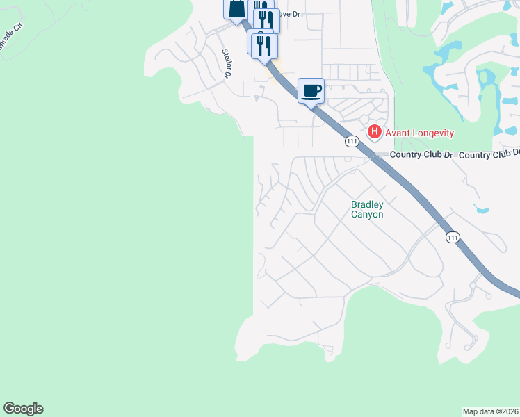 map of restaurants, bars, coffee shops, grocery stores, and more near 40320 Vía Entrada in Rancho Mirage