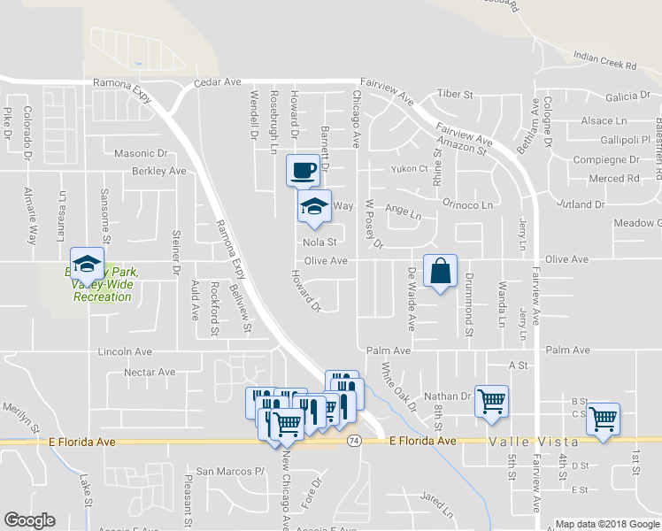 map of restaurants, bars, coffee shops, grocery stores, and more near 43419 Olive Avenue in Hemet