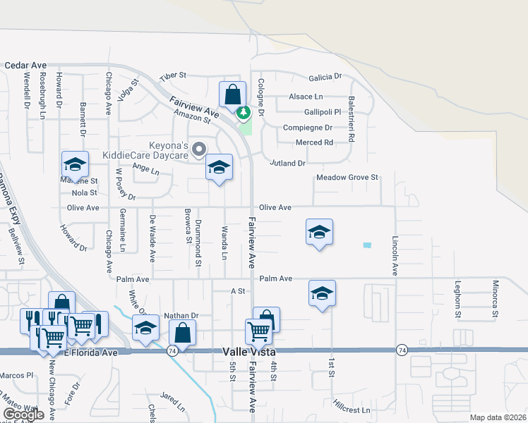 map of restaurants, bars, coffee shops, grocery stores, and more near 44037 Olive Avenue in Hemet