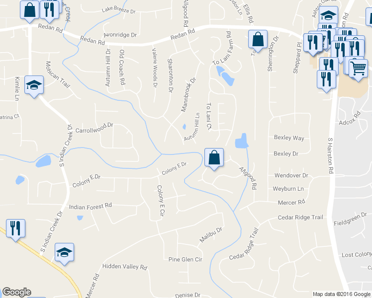 map of restaurants, bars, coffee shops, grocery stores, and more near 4438 Autumn Hill Drive in Stone Mountain