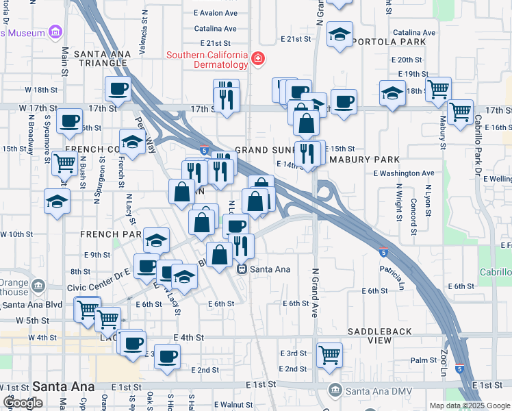 map of restaurants, bars, coffee shops, grocery stores, and more near 1027 Fuller Street in Santa Ana