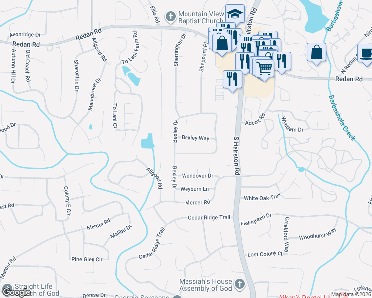 map of restaurants, bars, coffee shops, grocery stores, and more near 4802 Bexley Drive in Stone Mountain