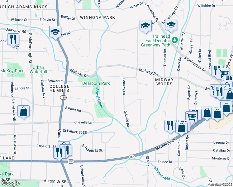 map of restaurants, bars, coffee shops, grocery stores, and more near 1521 Deerwood Drive in Decatur