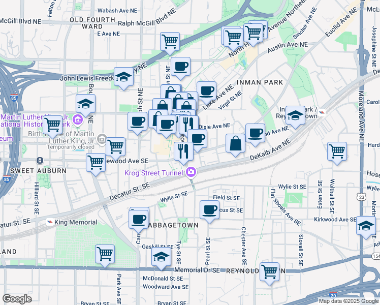map of restaurants, bars, coffee shops, grocery stores, and more near 726 Edgewood Avenue Northeast in Atlanta