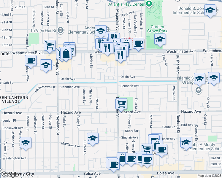 map of restaurants, bars, coffee shops, grocery stores, and more near 8920 Jennrich Avenue in Westminster
