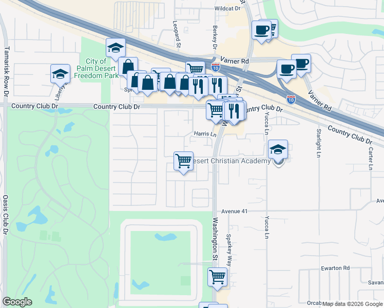 map of restaurants, bars, coffee shops, grocery stores, and more near 77912 Chandler Way in Palm Desert