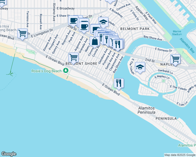 map of restaurants, bars, coffee shops, grocery stores, and more near 5331 East Ocean Boulevard in Long Beach