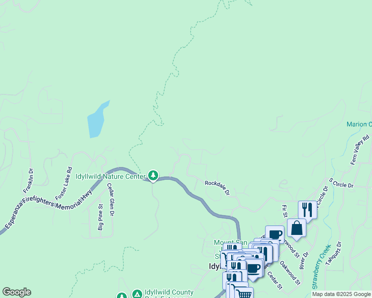 map of restaurants, bars, coffee shops, grocery stores, and more near 54091 North Ridge Drive in Idyllwild-Pine Cove