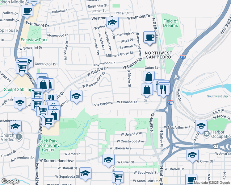 map of restaurants, bars, coffee shops, grocery stores, and more near 1114 North Park Western Drive in Los Angeles