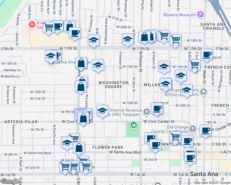map of restaurants, bars, coffee shops, grocery stores, and more near 1107 North Towner Street in Santa Ana