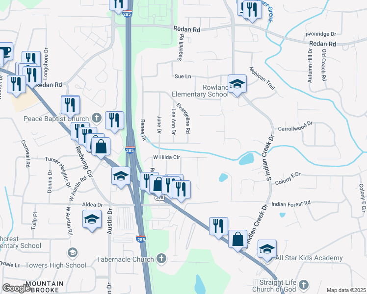 map of restaurants, bars, coffee shops, grocery stores, and more near 1387 Renee Drive in Decatur