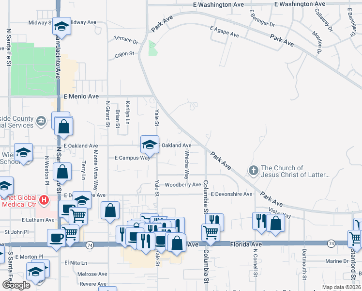 map of restaurants, bars, coffee shops, grocery stores, and more near 2717 East Oakland Avenue in Hemet