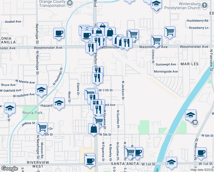 map of restaurants, bars, coffee shops, grocery stores, and more near 1102 North Bewley Street in Santa Ana
