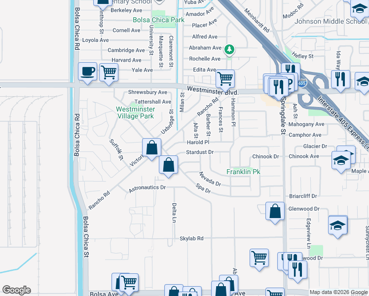 map of restaurants, bars, coffee shops, grocery stores, and more near 5462 Stardust Drive in Huntington Beach
