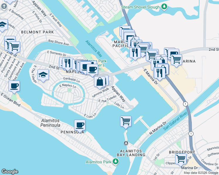 map of restaurants, bars, coffee shops, grocery stores, and more near 5946 Appian Way in Long Beach