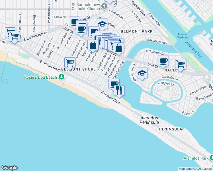 map of restaurants, bars, coffee shops, grocery stores, and more near 40 Bay Shore Avenue in Long Beach