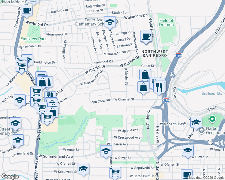 map of restaurants, bars, coffee shops, grocery stores, and more near 1114 North Park Western Drive in Los Angeles