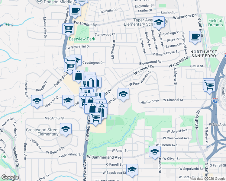 map of restaurants, bars, coffee shops, grocery stores, and more near 1248 North Park Western Drive in Los Angeles