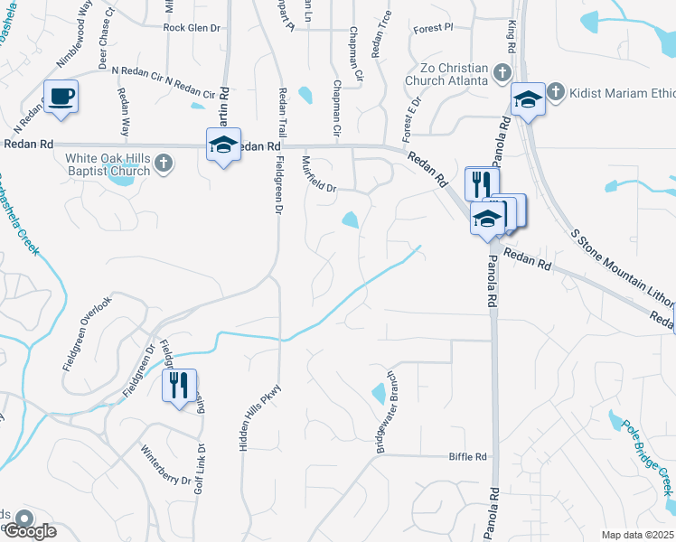 map of restaurants, bars, coffee shops, grocery stores, and more near 1314 Muirforest Drive in Stone Mountain