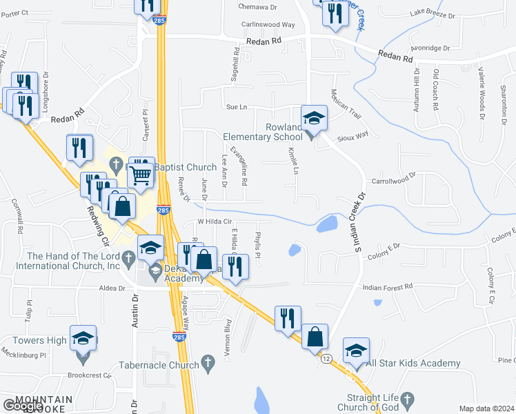 map of restaurants, bars, coffee shops, grocery stores, and more near 3990 West Hilda Circle in Decatur
