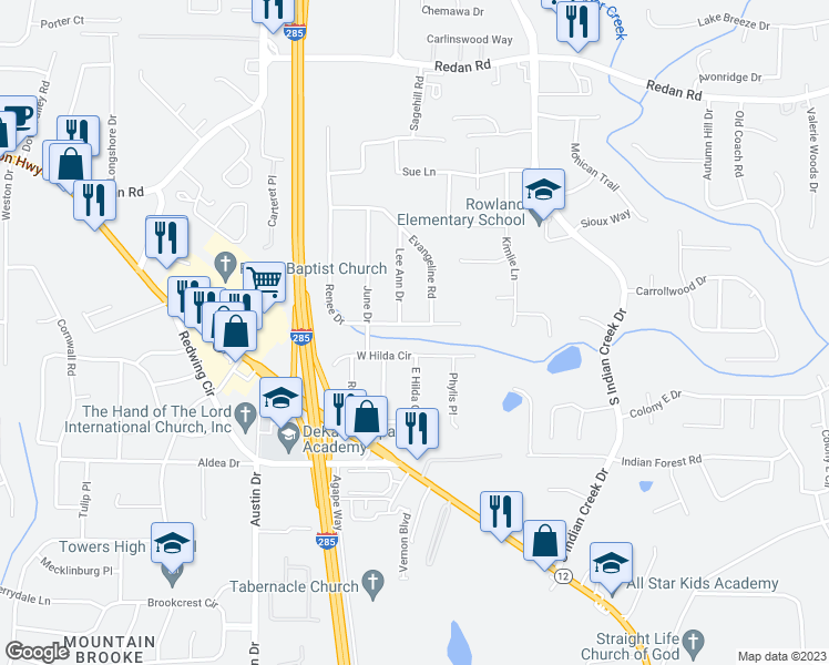 map of restaurants, bars, coffee shops, grocery stores, and more near 3950 West Hilda Circle in Decatur