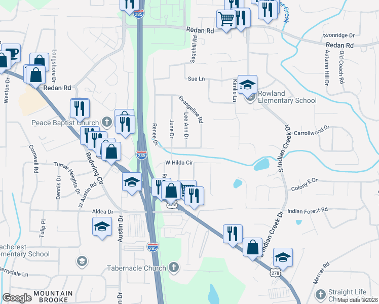 map of restaurants, bars, coffee shops, grocery stores, and more near 3950 West Hilda Circle in Decatur